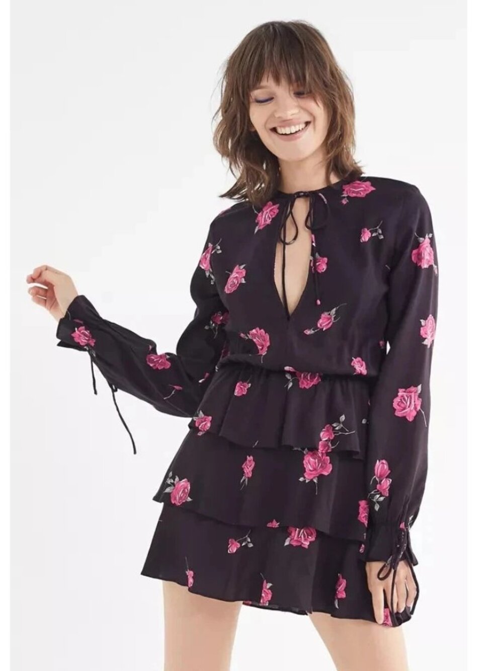URBAN OUTFITTERS Y2K Floral tied neck Tiered Ruffle MINI Dress *SMALL* B202